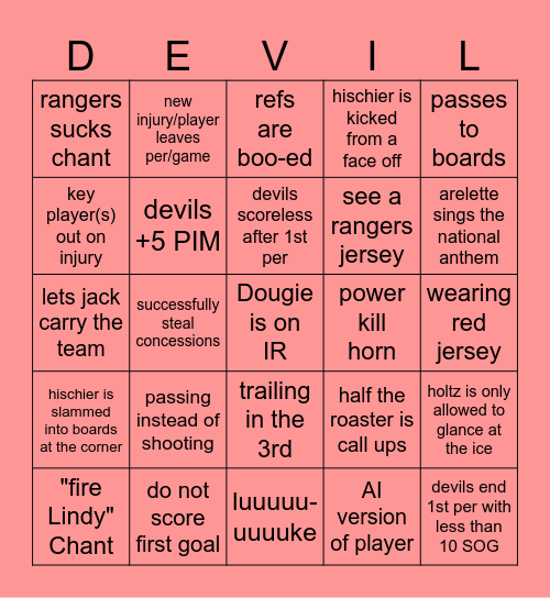 NJ Devils 23-24 Bingo Card