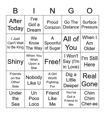 Disney Music Bingo Card