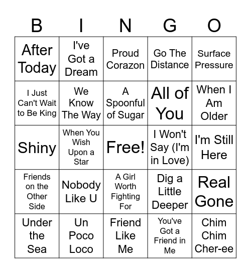 Disney Music Bingo Card
