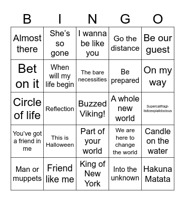 Disney music Bingo Card