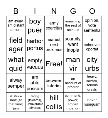 Ch I Latin Bingo Card