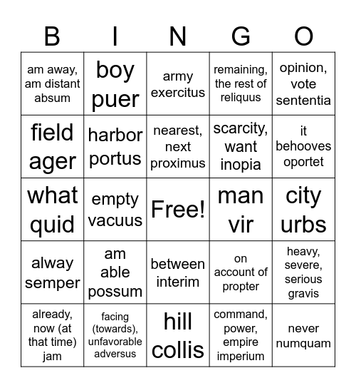 Ch I Latin Bingo Card