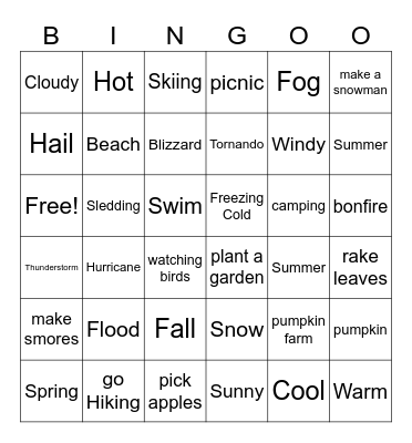 Types of Seasons and Weather, Temps, and Activities Bingo Card