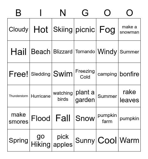 Types of Seasons and Weather, Temps, and Activities Bingo Card