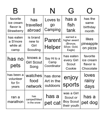 Girl Scout Bingo - Adult Version Bingo Card