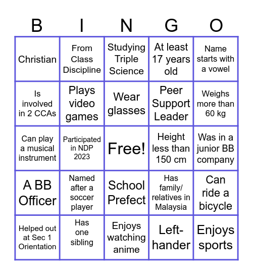 Getting to know you! Bingo Card