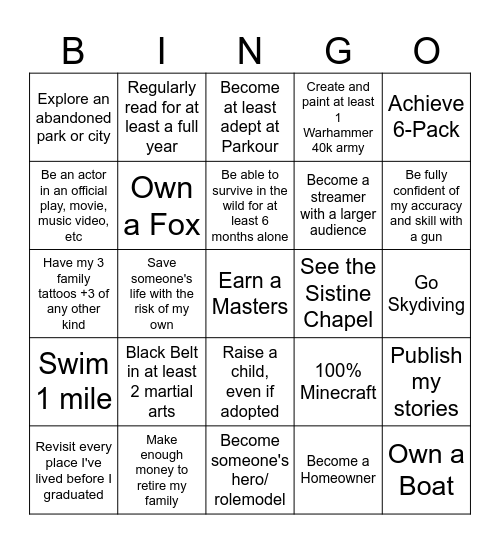 Skylar Tate's Life Sheet Bingo Card