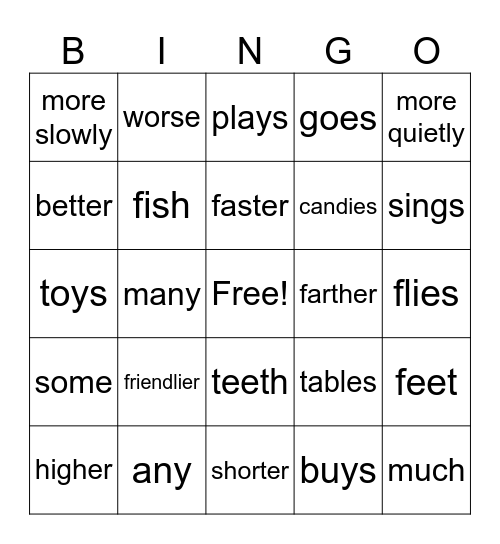 COMPARATIVES-NOUNS-VERBS Bingo Card