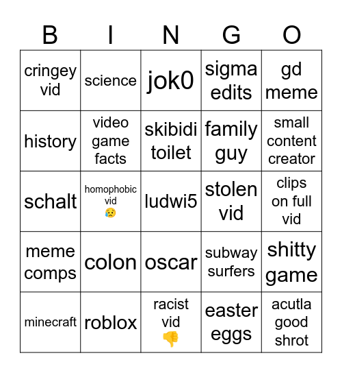 yt shorts bingo Card