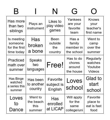 First Day of School Bingo Card