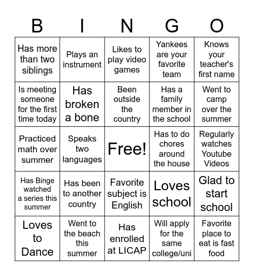 First Day of School Bingo Card