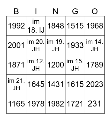 Daten und Jahrhunderte Bingo Card