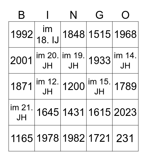 Daten und Jahrhunderte Bingo Card