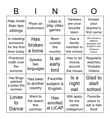 First Day of School Bingo Card