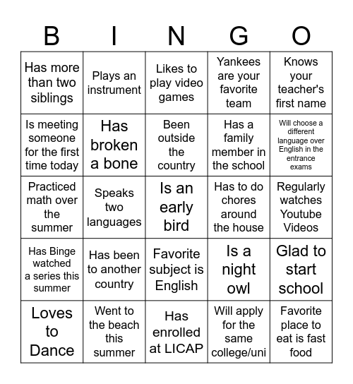 First Day of School Bingo Card