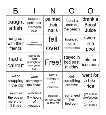 Summer Break Bingo Card
