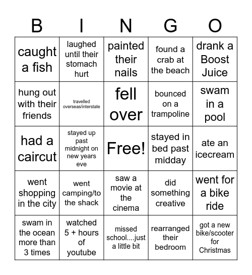 Summer Break Bingo Card