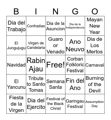 Guatemala Celebrations and Holidays Bingo Card
