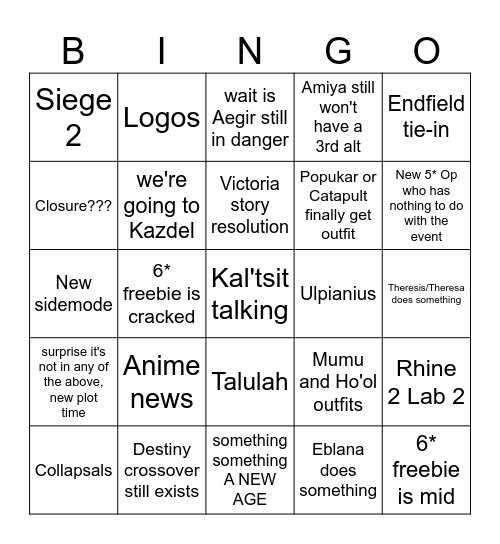 Arknights Anniversary Bingo Card