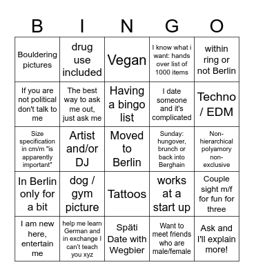 Berlin Dating Profile Bingo Card
