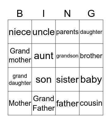 Family Bingo Card