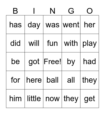 Kindergarten Sight Words Bingo Card