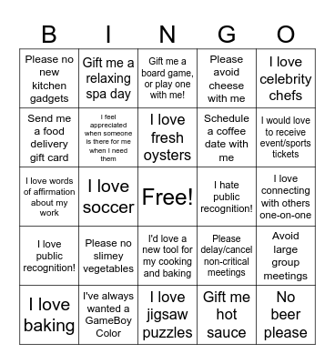 Care Preference Bingo Card