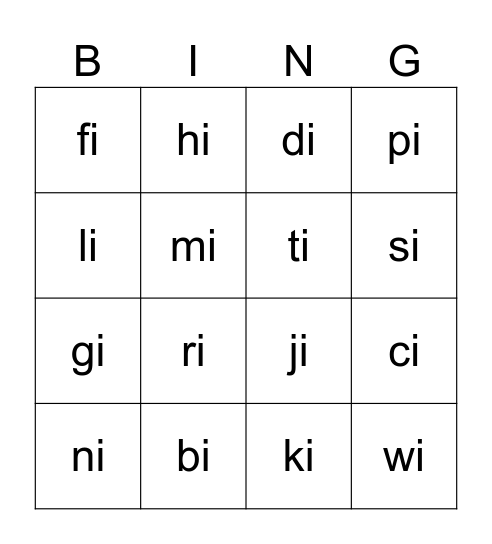 Suku Kata KV 'i' Bingo Card