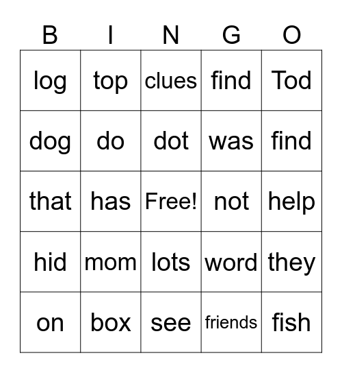 Mom Hid the Box Unit 1.3 "Short o" Bingo Card