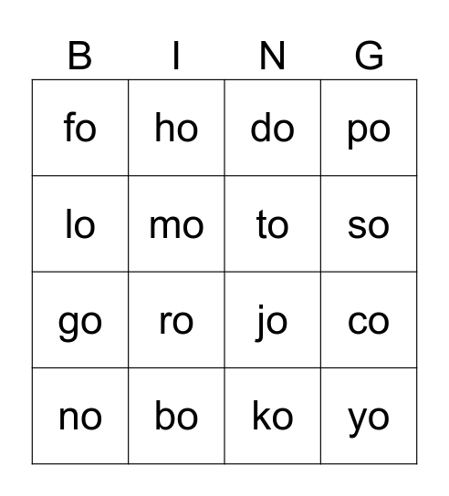 Suku Kata KV 'o' Bingo Card