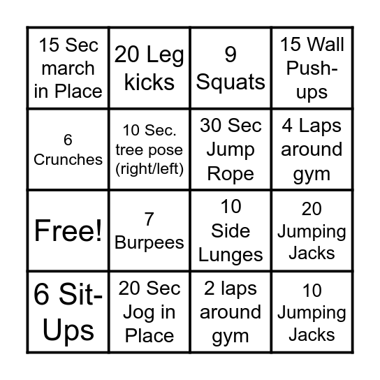 Fitness Bingo!! Bingo Card