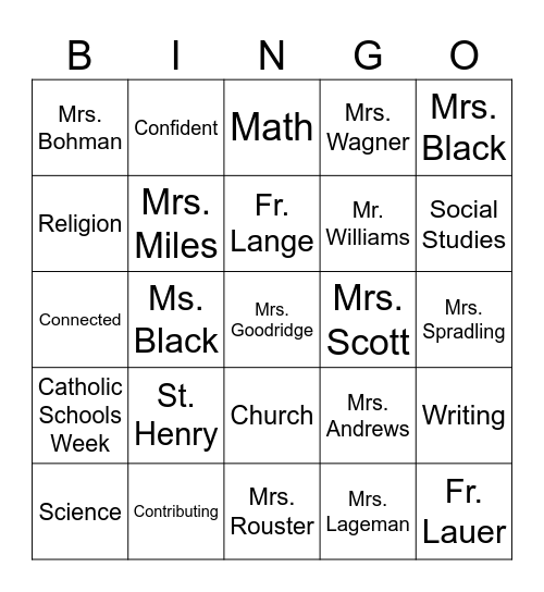 Catholic Schools Week Bingo Card