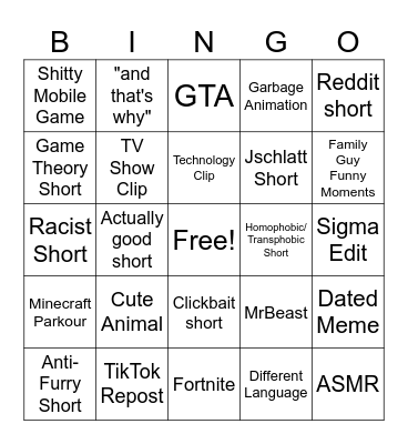 YouTube Shorts Bingo Card