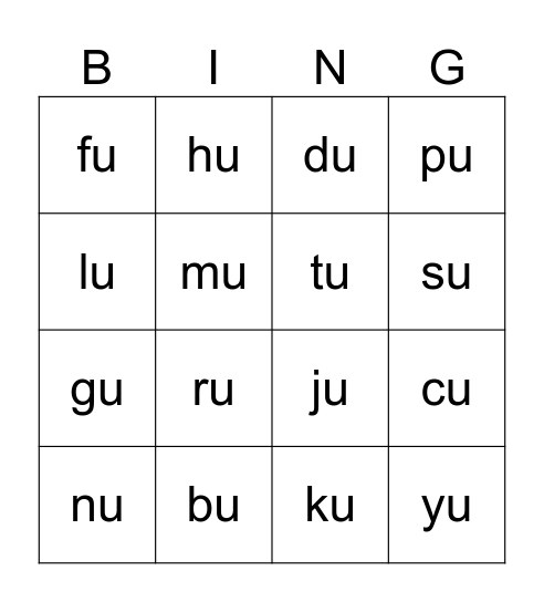 Suku Kata KV 'u' Bingo Card