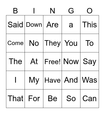 Sight Words Bingo Card