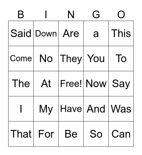 Sight Words Bingo Card