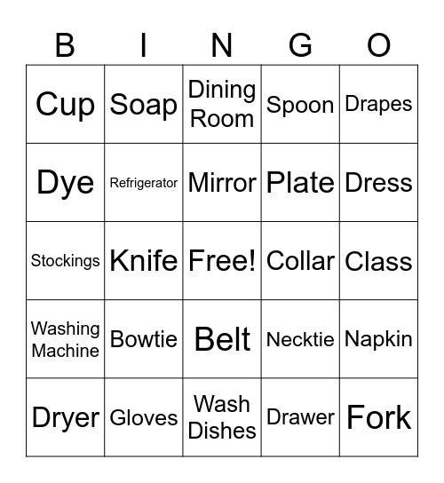 Home, Clothing Furniture Part 2 Bingo Card