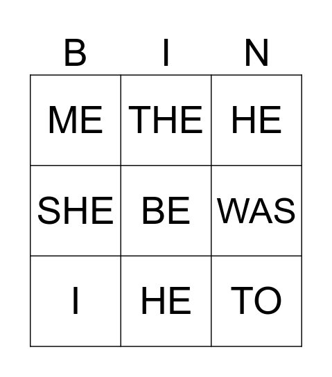 Tricky Words BINGO Card