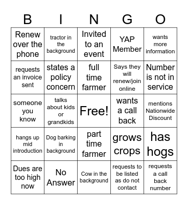 Call center Bingo Card