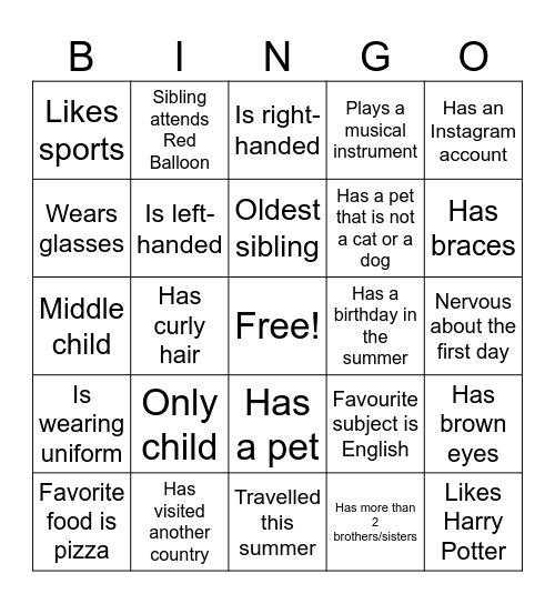 Classmate Bingo Card