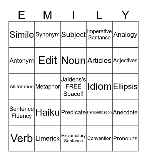 Jaiden Walker's Bingo Card Bingo Card