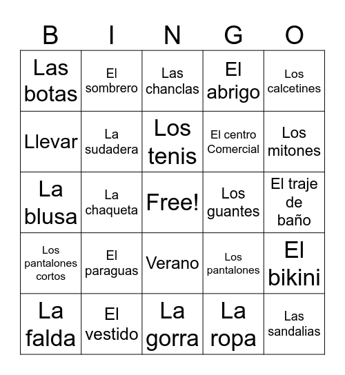 La Ropa Bingo Card