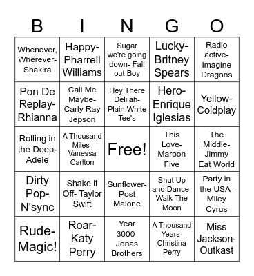 Pop Songs Bingo Card