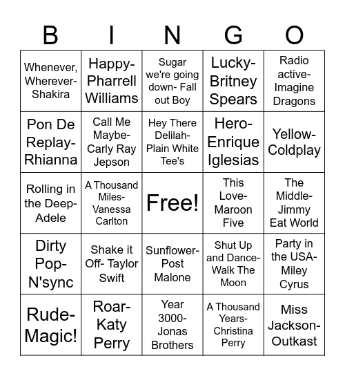 Pop Songs Bingo Card