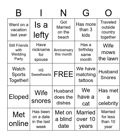 MARRIAGE Bingo Card