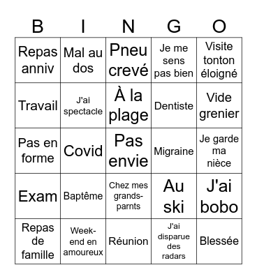 Bingo des indisponibilités Bingo Card