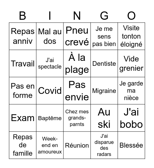Bingo des indisponibilités Bingo Card