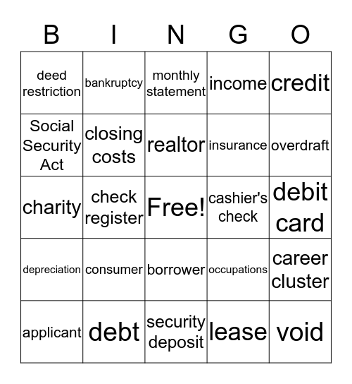 Personal Finance Bingo Card