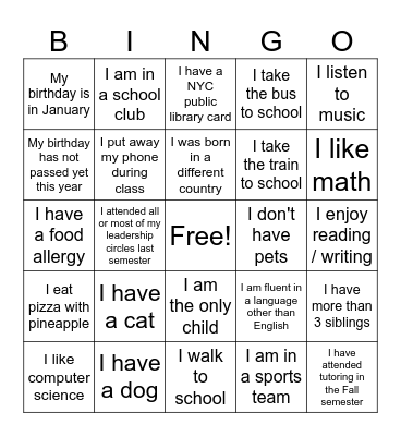 Getting to know you BINGO Card