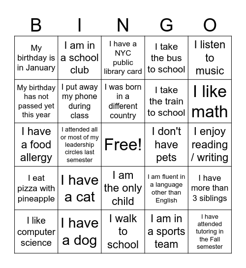 Getting to know you BINGO Card